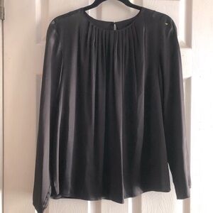 Silk Top Crew Neck pinch-pleat Popover Blouse Ink Black Brown Hue fits 12
